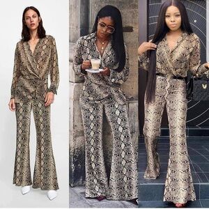 ZARA Top & Pants FLOWING WIDE LEG SNAKESKIN PRINT FLARED PANTS M and TOP SIZE S